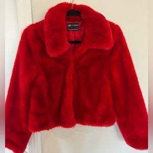 NWOT Red Faux Fur Zara Coat